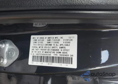 2012 Honda Accord 2.4 Ex-L z USA, uszkodzony, nr VIN 1HGCP2F8XCA062569